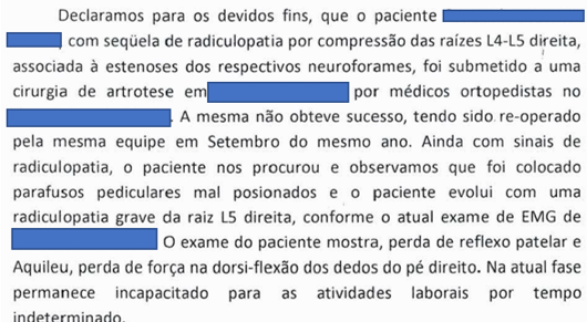 imagem com texto de declaração de médico sobre um procedimento de que não foi bem sucedido