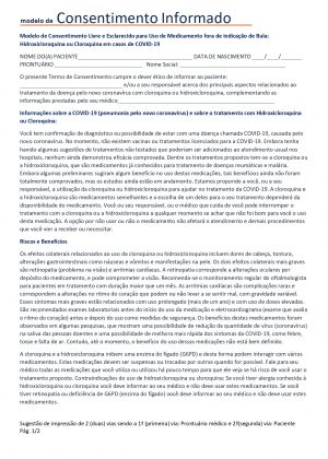 Modelo de Consentimento Livre e Esclarecido para Uso de Medicamento fora de indicação de Bula: Hidroxicloroquina ou Cloroquina em casos de COVID-19